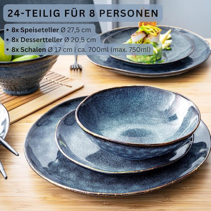 Singer | Tokio 24-Piece Dinnerware Set, Tableware Set for 8 People, Stoneware Tableware Set, Dinnerware, Modern Handmade, Dark Blue Dinner Service with Black Accents | PREMIUM COLLECTION