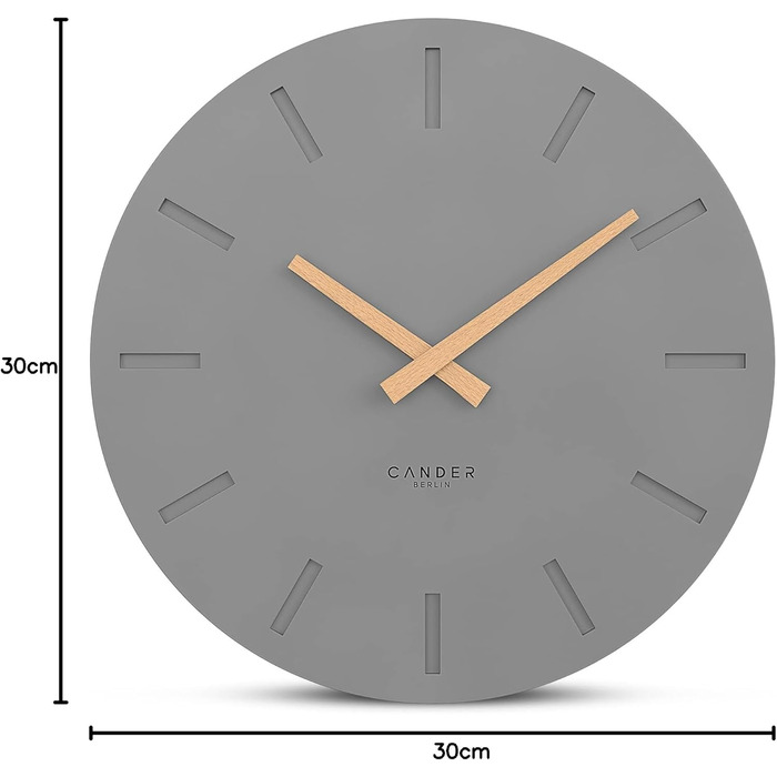 Cander Berlin MNU 2530 G Wall Clock MDF Silent, No Ticking Sound, 30 cm Analog, Living Room, Modern, Vintage, Grey, Anthracite, Wooden Hands