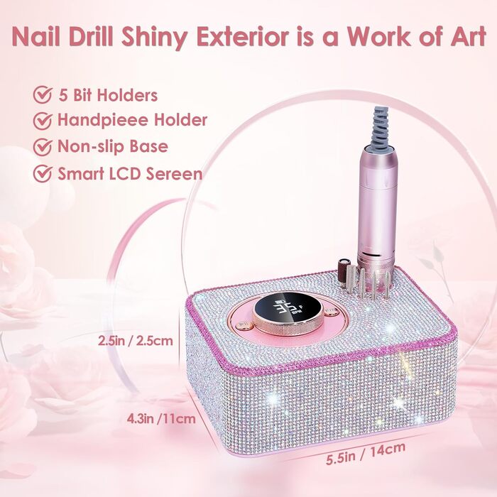 Професійна електрична машинка для манікюру та педикюру 45000 RPM, рожева, з алмазним фрезером, для салонного та домашнього використання
