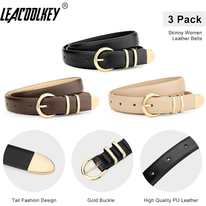 LEACOOLKEY 3 шт. жіночі тонкі шкіряні ремені для джинсів, суконь, вінтажні ремені з золотистою та сріблястою пряжкою (100 см), розмір талії 66-76 см, колір: чорний, кавовий, бежевий (глянцеве золото)