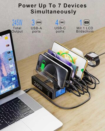 Зарядна станція 245W для декількох пристроїв, 7 портів USB, LCD-дисплей, кабель 7 шт. + тримач для iWatch, для iPhone, планшетів та іншої електроніки - чорна