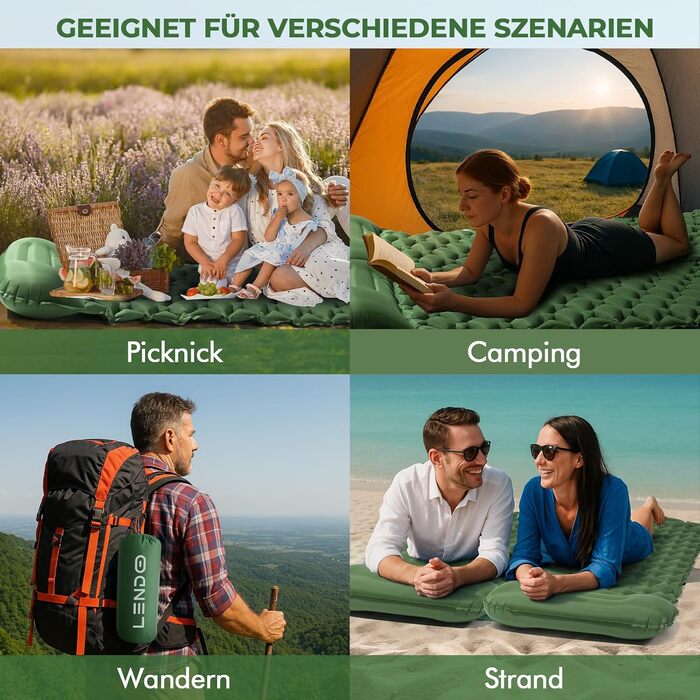 Надувний килимок для кемпінгу самонадувний Ultraleichte 195x60 см з вбудованою подушкою та помпою, водонепроникний, зелений