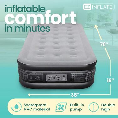 Повітряний матрац EZ INFLATE з вбудованим насосом, розкішне надувне ліжко Twin для дому, кемпінгу та подорожей, чорно-сірий