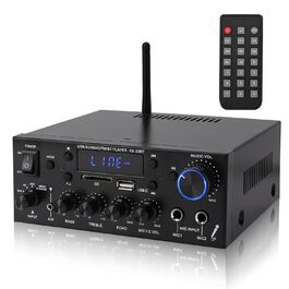 Міні підсилювач 60Вт+60Вт Bluetooth стерео, цифровий Hi-Fi аудіо підсилювач для дому та авто, USB, SD, FM, MIC, LCD дисплей, 12V/230V, 2-канальний (33BT)