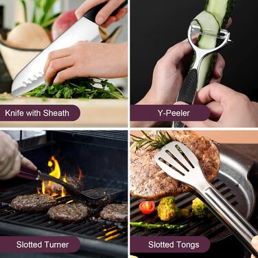 Odoland Kitchen Helper Set, Kitchen Gadget Set, Outdoor Cookware Set with Santoku Knife, Kitchen Scissors, Spatula, Tongs, Ladle, Cutting Boards - Ideal for Picnics, Travel, Hiking, and Gardening