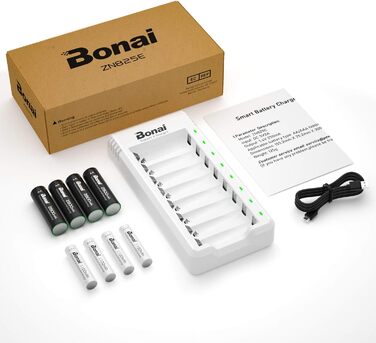 Зарядний пристрій BONAI для акумуляторів AA/AAA NI-MH з LED-дисплеєм та USB, 8 слотів, швидка зарядка