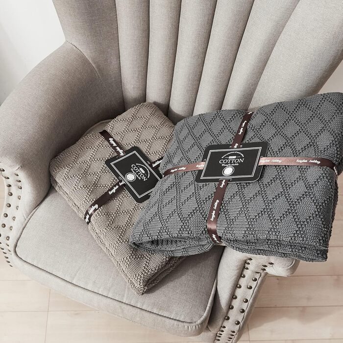 Бавовняна ковдра Longhui з в'язаним візерунком для дивану, крісел, ліжка, пляжу, декору інтер'єру, сірого кольору, 127 x 152 см. Подарунок - тканинна сумка.