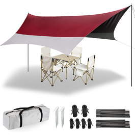 Тент Forceatt Zeltplane 3.7x4.3 м, Ultraleicht, 6 кріплень, Анти-UV, Водонепроникний. Для кемпінгу, піших прогулянок та відпочинку на природі. Темно-синій & сірий (Червоний & сірий)