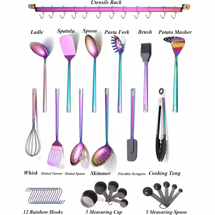 Kyraton Rainbow Kitchen Utensils Set - 37 Piece Stainless Steel Kitchen Helper Set with Titanium Rainbow Coating, Kitchen Tool Set with Utensil Holder, Cooking Spoon Set Dishwasher Safe