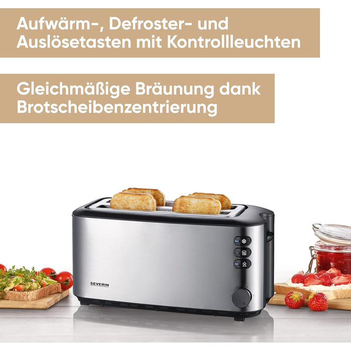 SEVERIN Automatic Long-Slot Toaster, Toaster with Roll Holder, high-quality stainless steel toaster with large toasting chambers and 1400 W power, brushed stainless steel/black, AT 2509