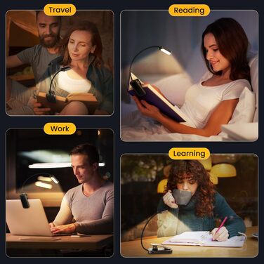 LED лампа для читання з кліпсою, захист очей, 6 LED, 3 режими яскравості (теплий/холодний/білий), USB перезарядна, 360° регульована, для читання, ліжка, офісу, подорожей, чорна