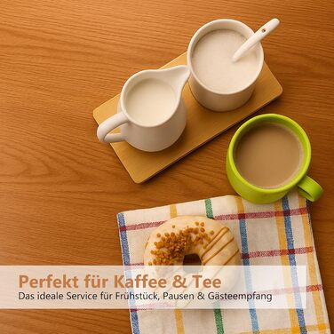 Набір для молока та цукру з кришкою та ложкою: глечик для молока з кераміки та цукорниця з дерев'яним підносом, придатний для миття в посудомийній машині та використання в мікрохвильовій печі (білий)