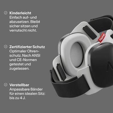 Захисні навушники Alpine Muffy Baby Klassik для дітей до 36 місяців - чорний колір. Безпечні, регульовані, запобігають пошкодженню слуху. Виготовлено в Німеччині.