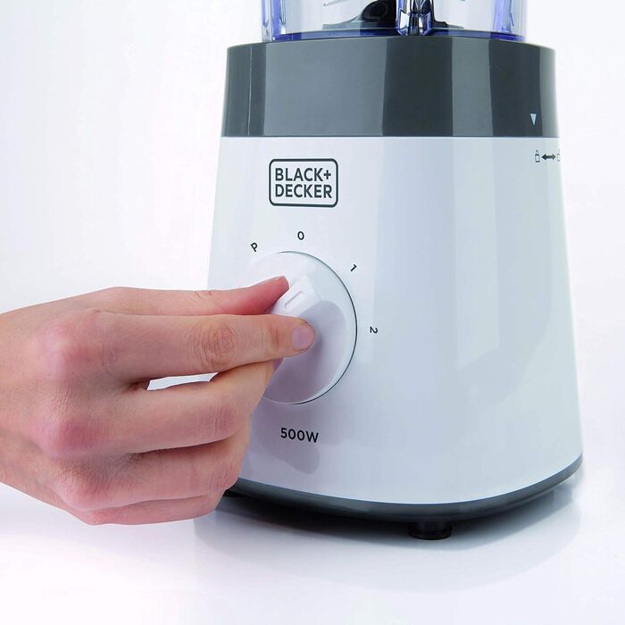 Блендер стаціонарний BLACK+DECKER, 500 Вт, 2 швидкості, пульс, скляна чаша 1,5 л, 4-лезове сталеве лезо, легке очищення, білий/сірий