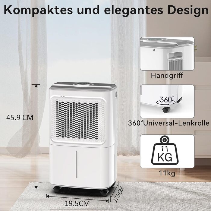 Електричний осушувач повітря Crecolife 12L/24h, 190W, для приміщень 20м², з цифровим дисплеєм та сенсорною панеллю керування, 3 режими осушення, 2 варіанти зливу, таймер 24г