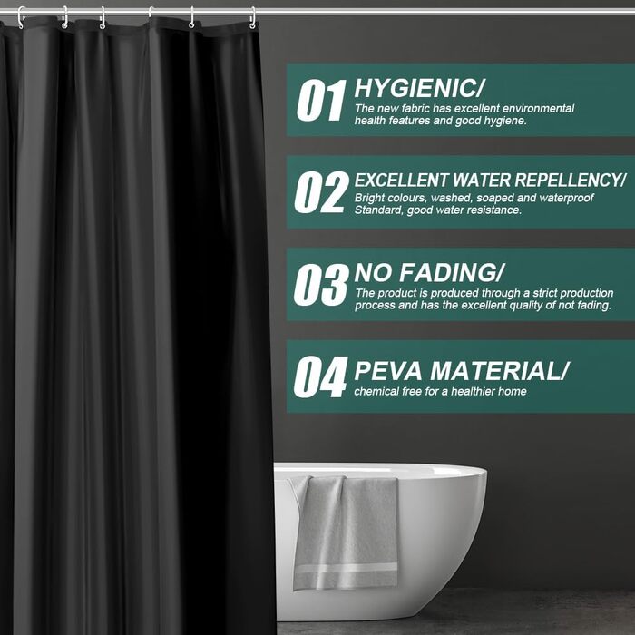 Шторка для душу URAQT, антибактеріальна, водонепроникна, швидковисихаюча, PEVA, 180x180 см, 12 кілець, для ванни (Біла)