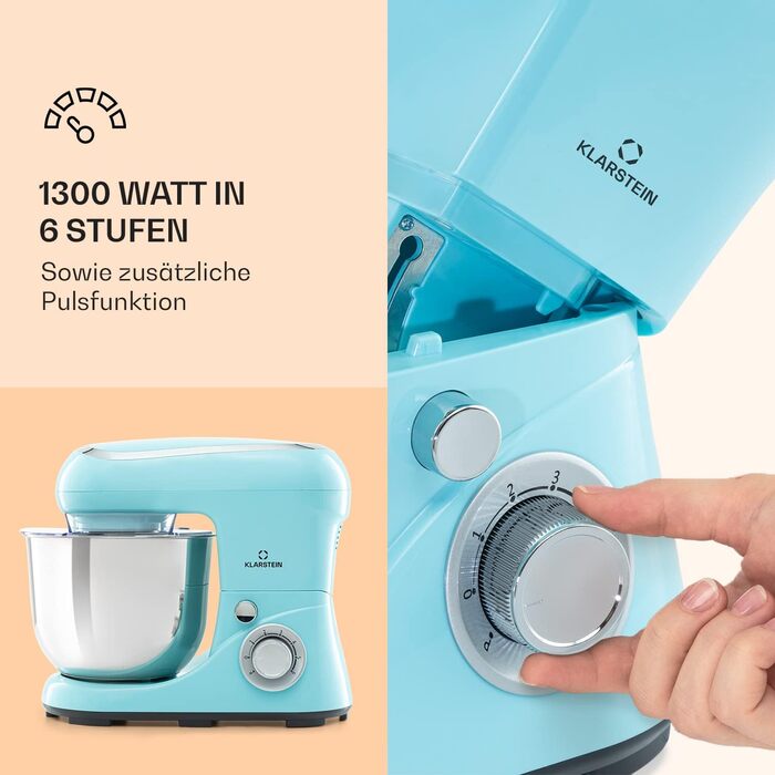 Klarstein 1300W Stand Mixer - Kitchen Machine for Baking, 6-Speed, 5L Bowl, Planetary Mixer with Dough Hook, Whisk & Beater - Turquoise
