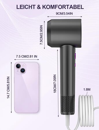 Іонний фен DMTIVMG з потужним мотором 150 000 об/хв, 200 млн негативних іонів, 4 температурні режими, 3 швидкості, швидке сушіння, магнітне сопло, тихий