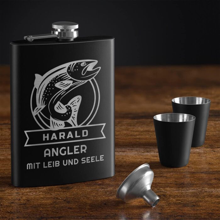 Набір Maverton Flachmann Set: фляга 200 мл з гравіюванням + 4 стаканчики 20 мл з воронкою, чорний матовий, з зображенням риби