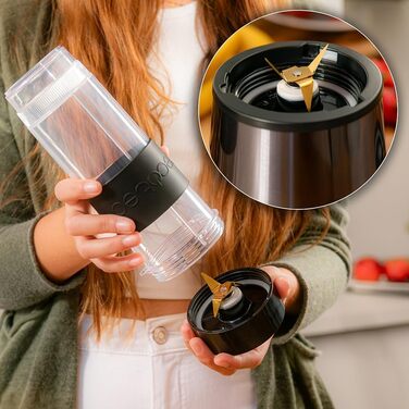 Cecotec Portable Single Blender Power Titanium 300 EasyGo - 350W Ice Crusher with Titanium-Coated Blades, 2 Cooling Tubes, 2 Travel Cups & Lids