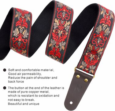 Гітарний ремінь Nefelibata: 2 шт., вишиті, з повним шкіряним краєм, прихованою кишенею, для бас-, електро- та акустичних гітар, безкоштовна пряжка, замок та медіатори. Червоний ретро-квітка