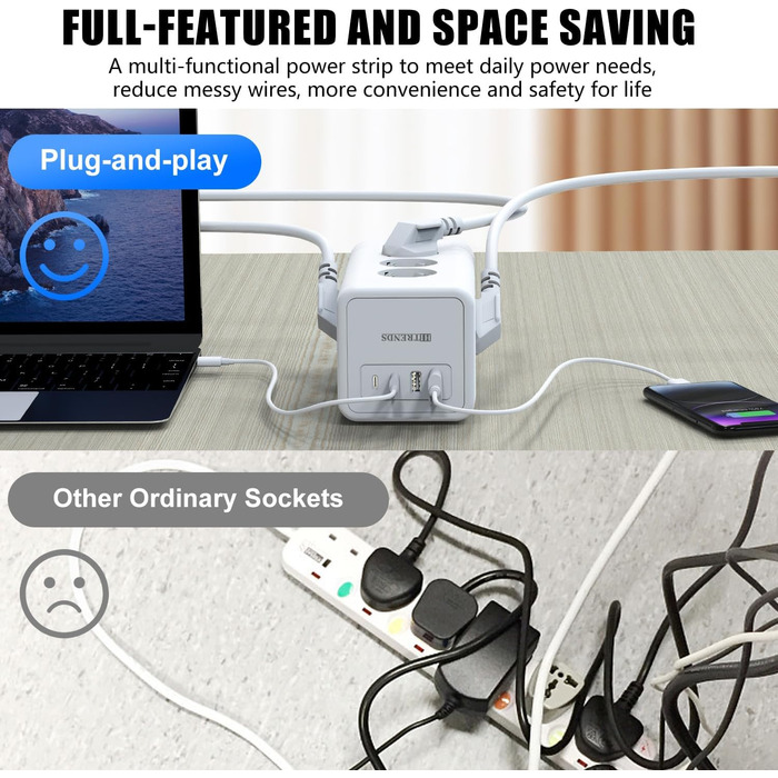 Блок розеток з USB-C, 4 розетки, плоский штекер, індивідуальне вмикання, куб з 2м плетеного кабелю для офісу, дому, подорожей - Білий 002-MF (12 розеток 2M - Білий)