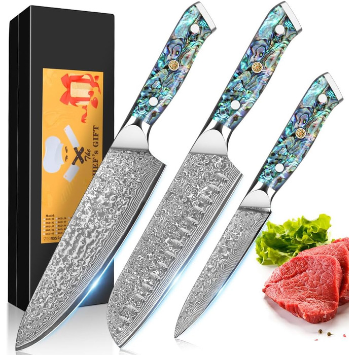 Набір кухонних ножів Damast Santoku 3 шт. з лезом 18 см (VG-10 сталь, ручка Abalone), подарункова коробка