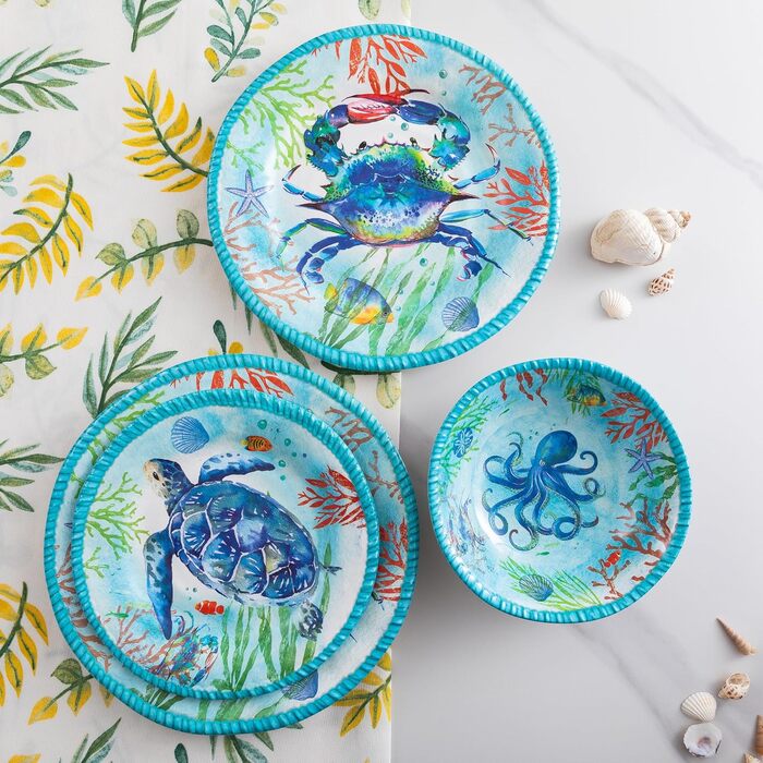 Набір посуду з меламіну, 12 предметів: 4 тарілки та миски, для дому, кемпінгу, BPA-free, безпечний для миття в посудомийній машині (Тропічний океан)