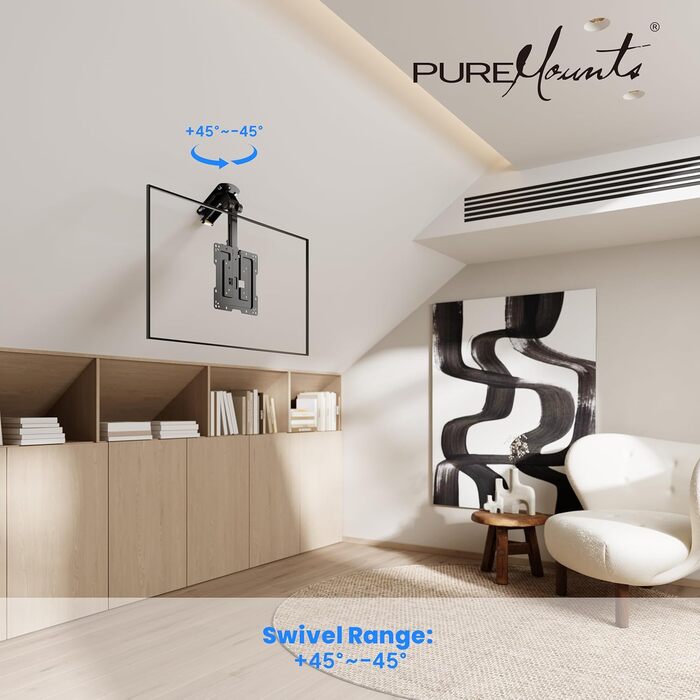 Кріплення для телевізора на стелю PureMounts, 13-27 дюймів, поворотне, нахильне, регульоване по висоті, VESA 100x100, чорне