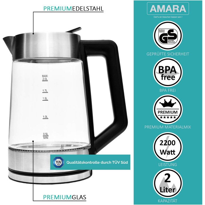 Електричний чайник AMARA з регулюванням температури, 2200 Вт, 2 л, тихий, 50-100°C, EASY-FILL, LED-індикатор температури