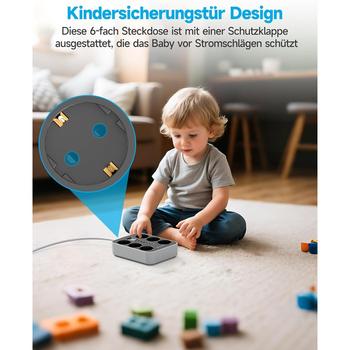 Мережевий фільтр 6-фазний з USB (3 USB-A, 3 USB-C), настінний, з вимикачем та кабелем 2м, захист від перенапруги, чорний