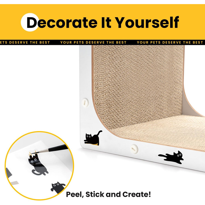 Кігтеточка для котів з коробкою та 4 змінними шарами з картону - великі кігтешні меблі з міцного гофрокартону, двосторонні шари з картону з наклейками DIY - лежанка для котів у квартирі, захист меблів. Велика коробка для котів + 4 кігтешні стовпчики + нак