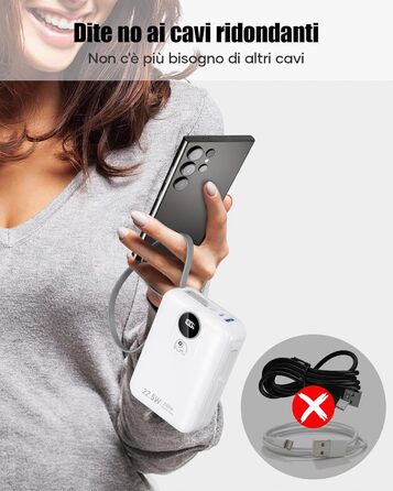 Powerbank 20000 mAh з вбудованими кабелями: акумулятор для телефону з 22,5 Вт швидкою зарядкою, USB-C (вхід та вихід), портативний зарядний пристрій з 4 виходами та 2 входами