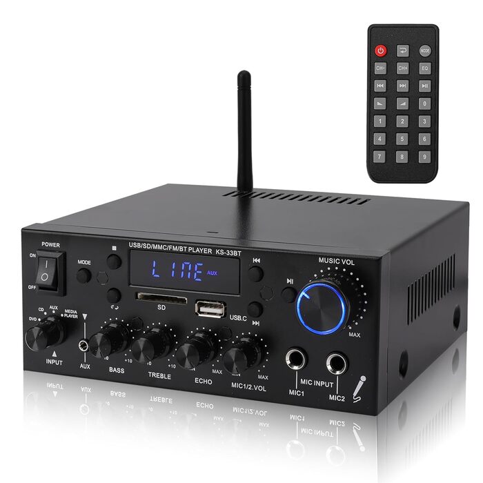 Міні підсилювач 60Вт+60Вт Bluetooth стерео, цифровий Hi-Fi аудіо підсилювач для дому та авто, USB, SD, FM, MIC, LCD дисплей, 12V/230V, 2-канальний (33BT)