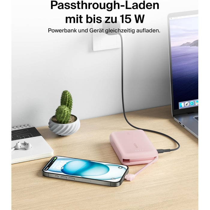 Повербанк Belkin BoostCharge 10000mAh з вбудованим кабелем USB-C, 20W, LED-індикатором, рожевий