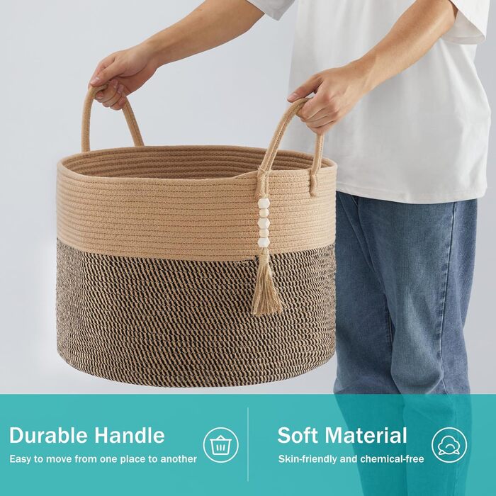 YOUDENOVA Woven Laundry Basket Large 65L Basket Storage Basket Blanket Toy Basket for Living Room Children's Room Storage Basket Laundry Collector 50x33 (Jute & Black, 50cm(D) x 33cm(H))