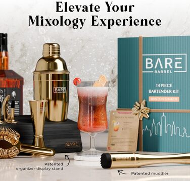 Професійний набір для коктейлів BARE BARREL Mixology Barkeeper Kit, 14 предметів, золотий, з шейкером Коблер 24oz та картками рецептів