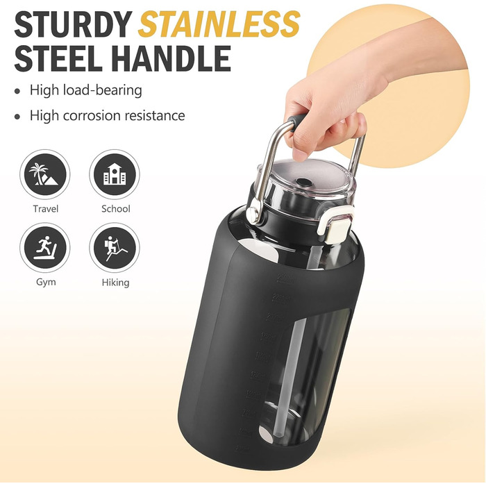 BLUEGO 2500ml Glass Water Bottle with Stainless Steel Handle, 2.5L Large Water Bottle with Time Markings and Silicone Sleeve, Half Gallon Water Jug BPA-Free for Sports Daily Use, Light Green (Black)