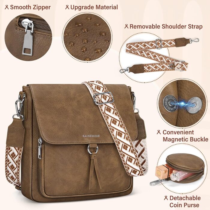 Сумка жіноча RAINSMORE середнього розміру через плече, крос-боді, екошкіра, з широким ременем (Кава)