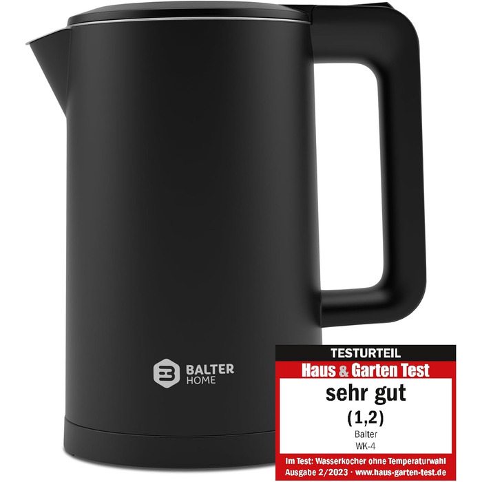 Balter Stainless Steel Kettle WK-4, 1.7 Liter, Electric Kettle, Double-Walled Design, BPA Free, LED, Compact Tea Kettle, Quiet (Black)