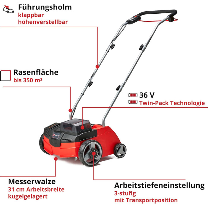 Einhell Battery-Powered Scarifier-Aerator GC-SC 36/31 Li-Solo Power X-Change (Lithium-Ion, 36 V, 31 cm working width, 3-in-1 combo, ball-bearing roller with 8 blades, without battery and charger)