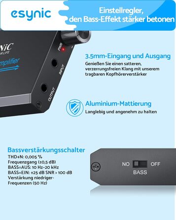 eSynic Підсилювач для навушників HiFi – портативний, 3.5mm AUX, 1000mAh, для MP3/MP4/Smartphone/PC, підходить для навушників 16-600 Ом, алюмінієвий корпус