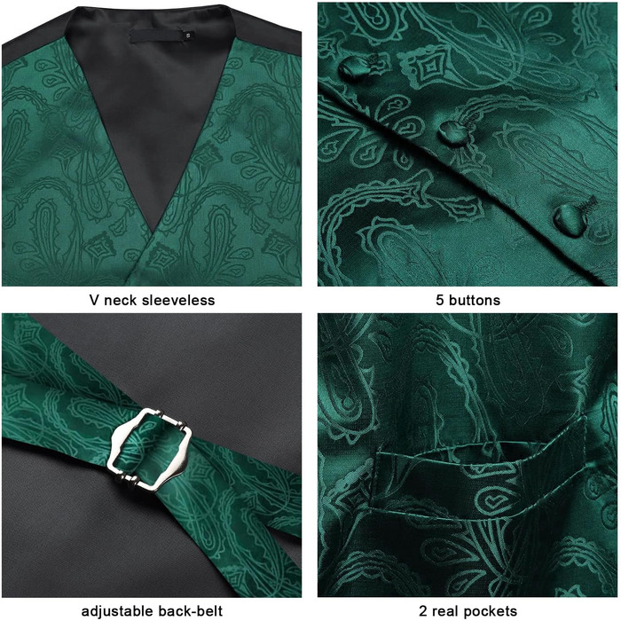 Костюмний комплект Enision для чоловіків: жилет, краватка та нагрудна хустинка з двобортною в'язкою жакард, темно-зелений (S)