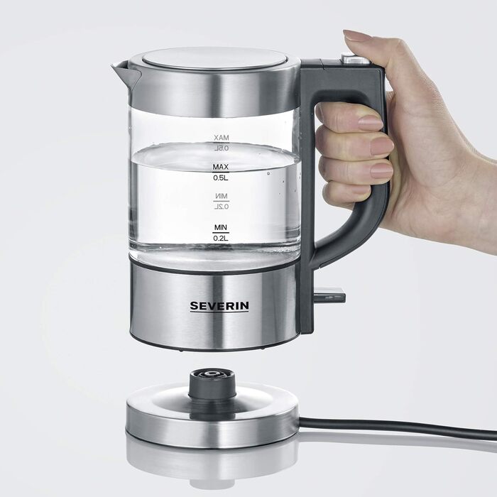 SEVERIN Mini Glass Kettle 0.5 L, powerful and compact with a high-quality design, electric kettle with scale filter, stainless steel/black, WK 3472