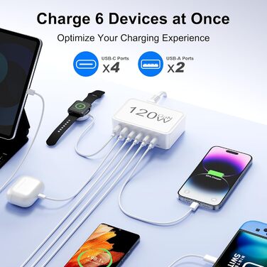 Зарядний пристрій USB-C 120W, 6 портів (4x USB-C, 2x USB-A) PD 3.0, швидка зарядка для iPhone 16/15/14 Pro/Pro Max, iPad – портативний адаптер живлення