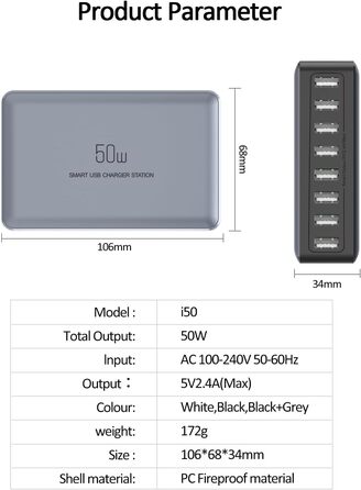 Зарядний пристрій USB 50W мережевий адаптер 8 портів для iPhone 15/14/13/12 Pro Max, iPad, Samsung, Google Pixel - Чорний