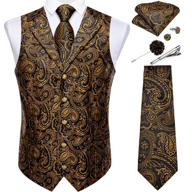 Костюмний аксесуар Dibangu: жилет, краватка, хустинка, запонки, лапільєрний шпилька (7 шт.) - Шовк, Пайслі, Чорний та золотий, XXL