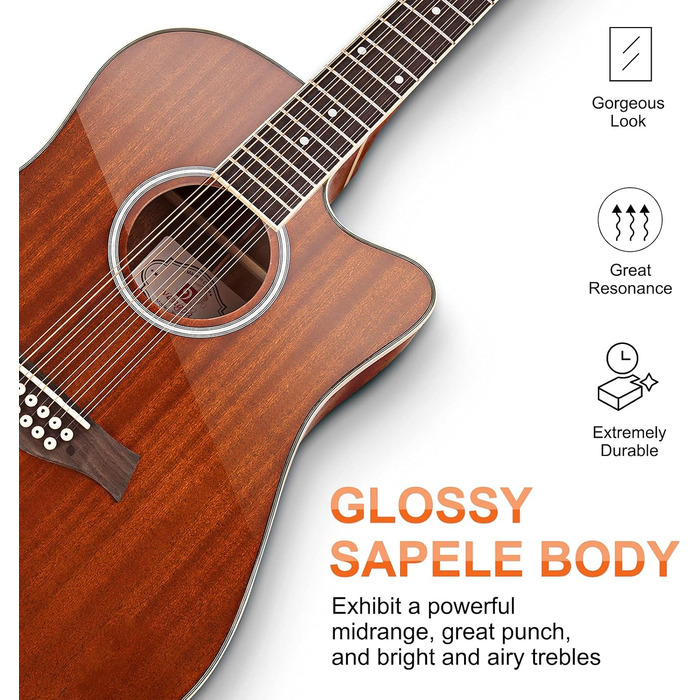 Електроакустична гітара Vangoa 12-струнна, 41 дюйм, коричнева, з підсилювачем та 4-х смуговим ЕQ