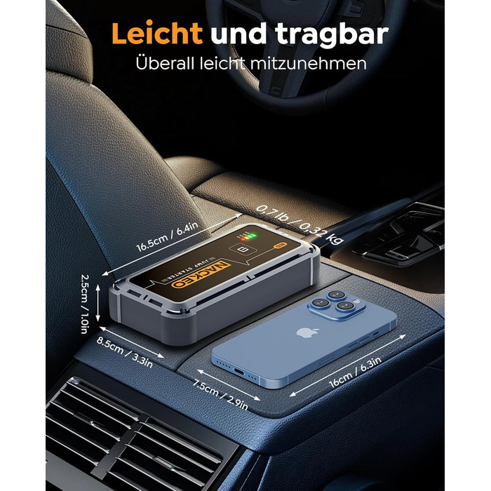 Портативний акумулятор Starthilfe для автомобіля, 12V, бустер для запуску двигуна (бензин до 10L, дизель), з кабелями та LED ліхтариком, для SUV, вантажівок, мотоциклів (5000A)