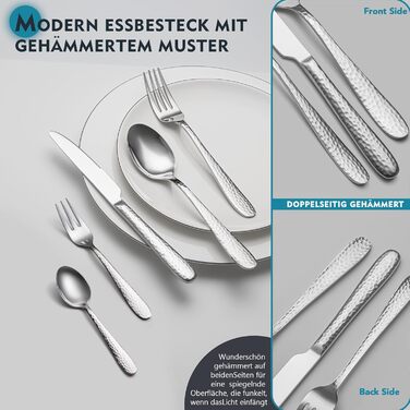 Набір столових приборів EIUBUIE 30 предметів з нержавіючої сталі, молоткова текстура, для 6 осіб. Столові прибори з ножами, вилками та ложками, поліровані, для дому та вечірок, можна мити в посудомийній машині, сріблястий колір.